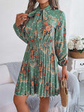Pleated Printed Tie Neck Long Sleeve Dress - Trendsi - Flyclothing LLC