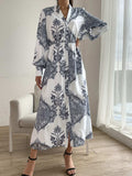 Printed Notched Lantern Sleeve Midi Dress - Trendsi - Flyclothing LLC