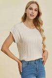 Double Take Full Size Cable-Knit Round Neck Short Sleeve Sweater - Trendsi - Flyclothing LLC