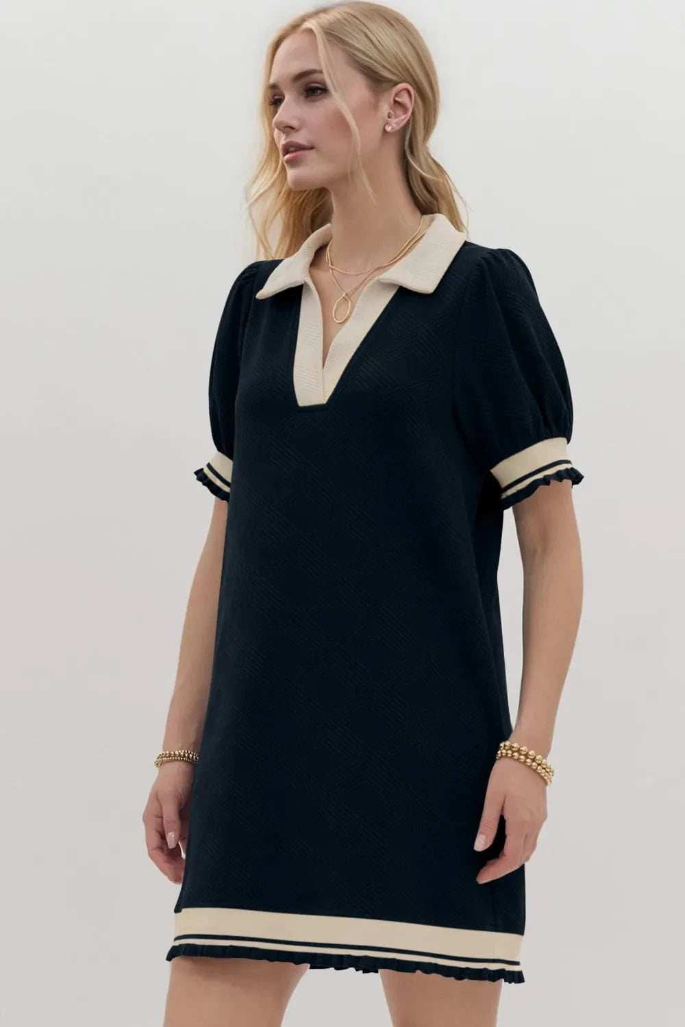 Oh Frill Contrast Trim Johnny Collar Short Sleeve Mini Dress - Trendsi - Flyclothing LLC