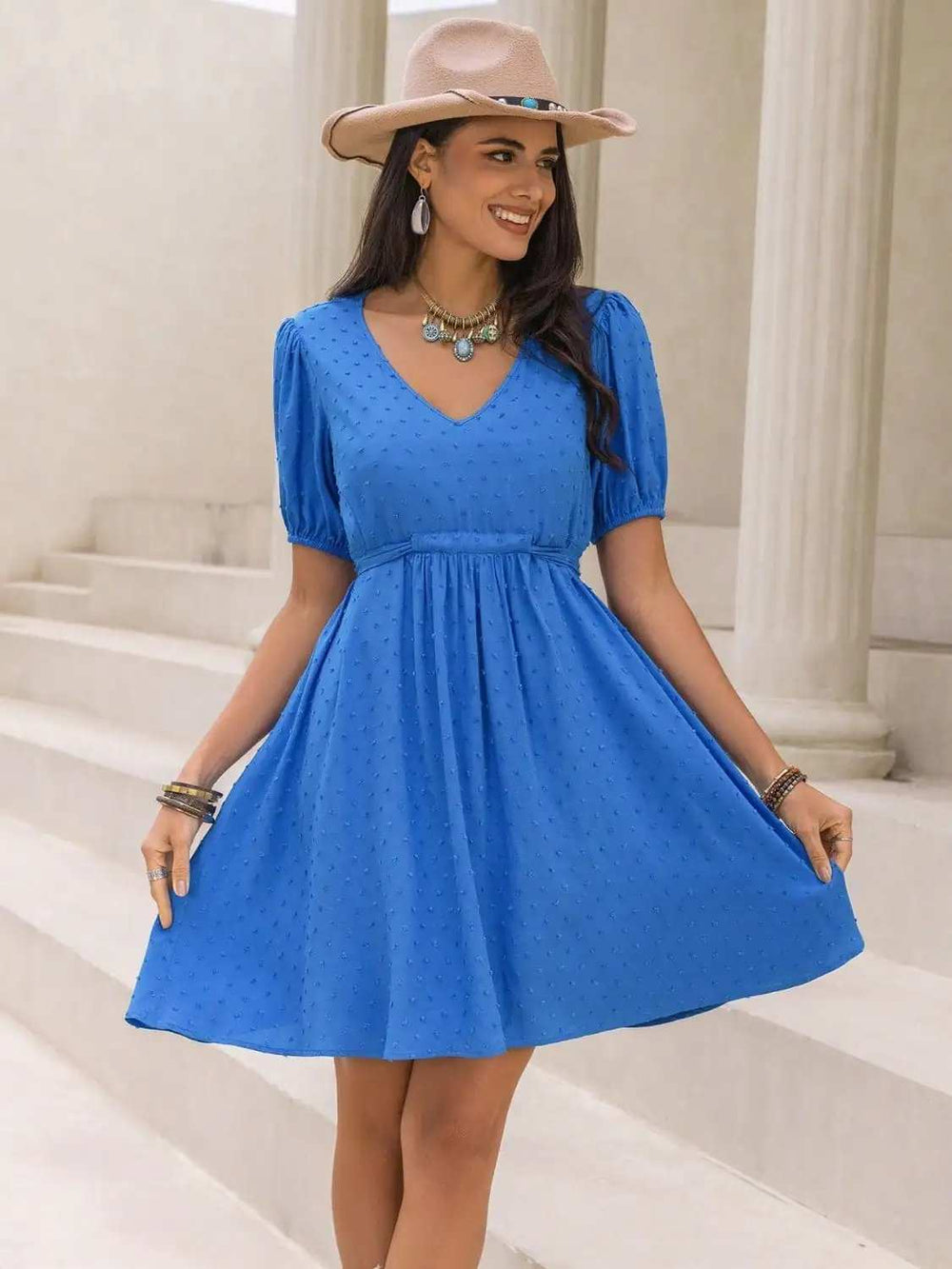 Tied Swiss Dot V-Neck Short Sleeve Dress - Trendsi - Flyclothing LLC