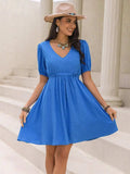Tied Swiss Dot V-Neck Short Sleeve Dress - Trendsi - Flyclothing LLC