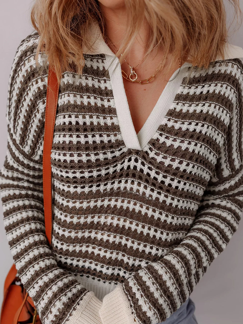 Stripe Eyelet Hollow-out Contrast Collared Pullover Chic Sweater - Trendsi - Flyclothing LLC