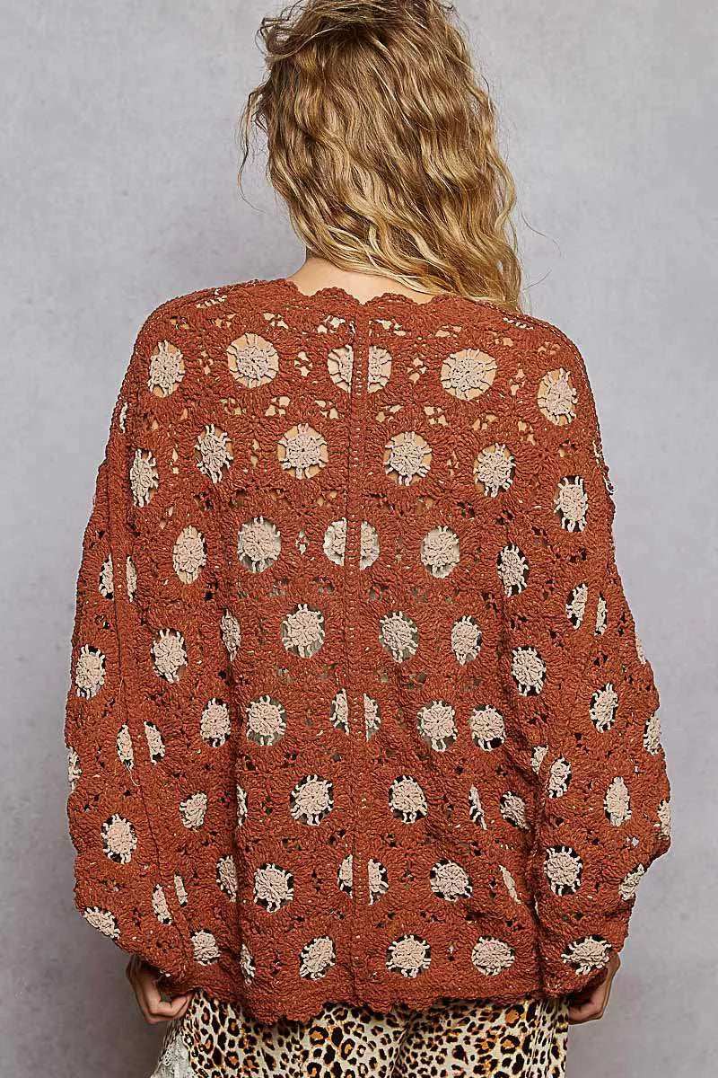 POL Openwork V-Neck Chenille Cardigan with Contrast Floral - Trendsi - Flyclothing LLC