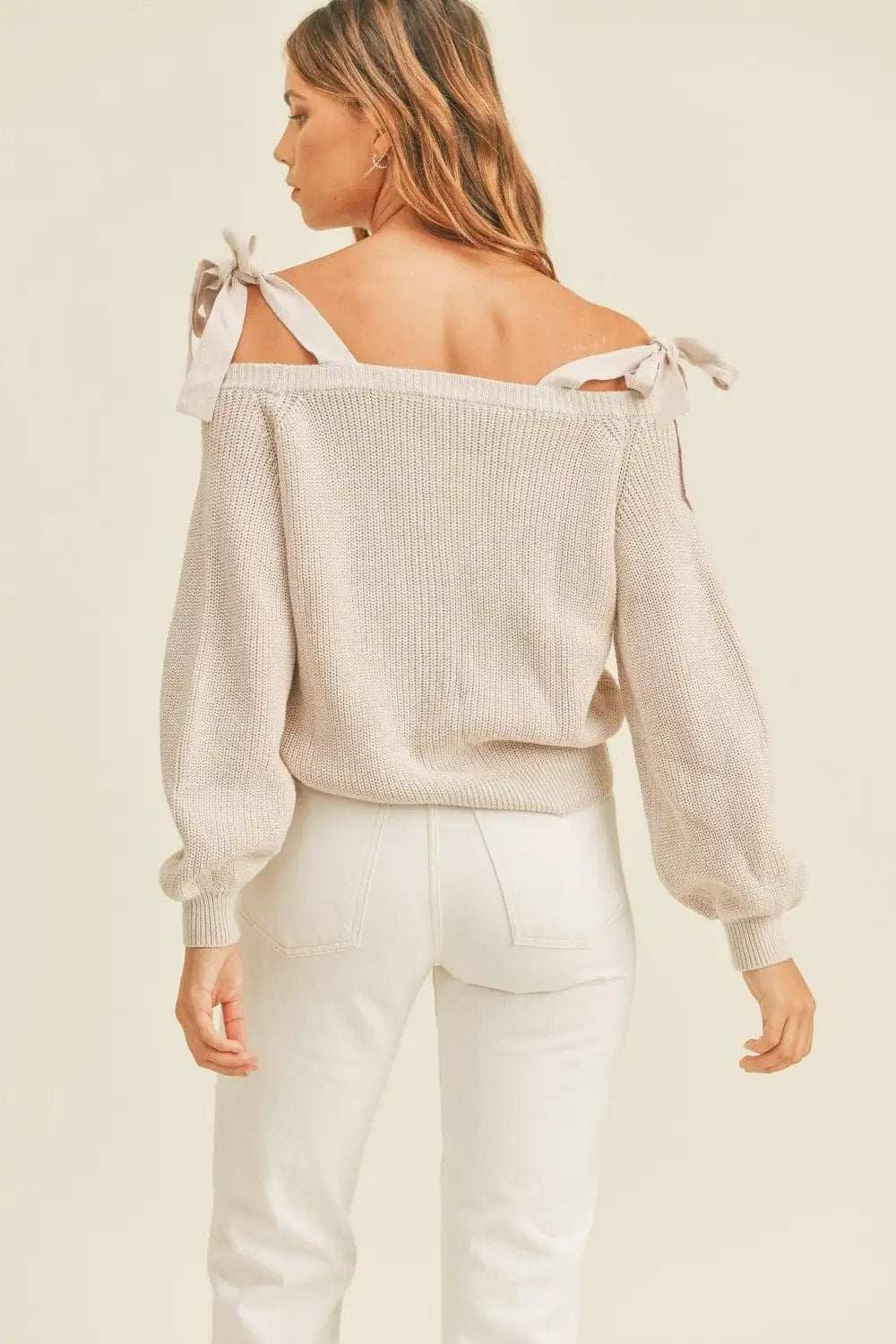 MABLE Off Shoulder Self Tie Strap Button Down Sweater - Trendsi - Flyclothing LLC