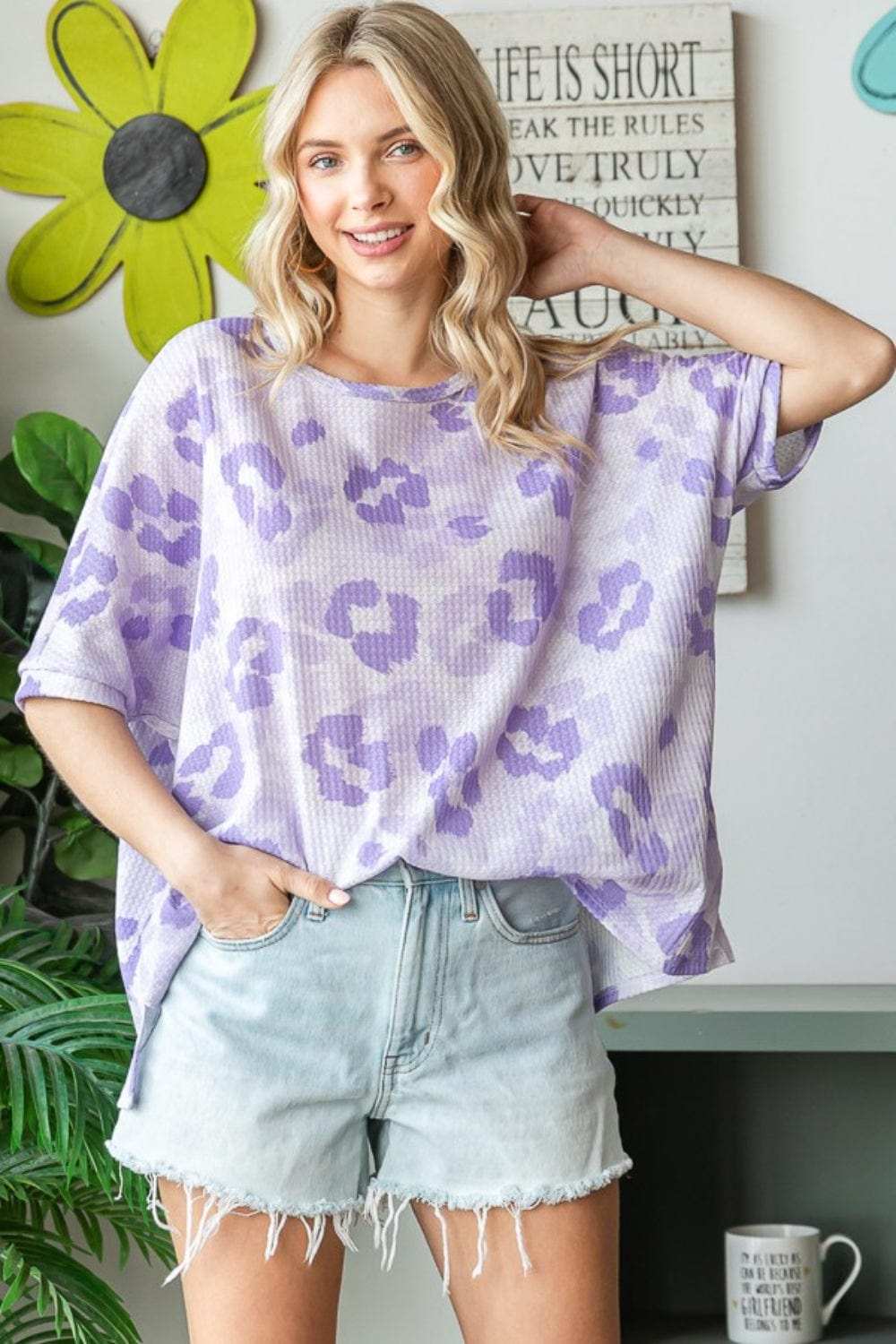 HOPELY Print Waffle Oversized T-Shirt - Trendsi - Flyclothing LLC