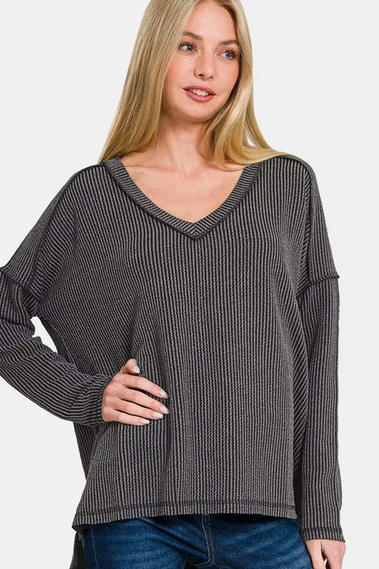 Zenana Texture Exposed Seam V-Neck Long Sleeve T-Shirt - Trendsi - Flyclothing LLC