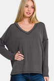 Zenana Texture Exposed Seam V-Neck Long Sleeve T-Shirt - Trendsi - Flyclothing LLC