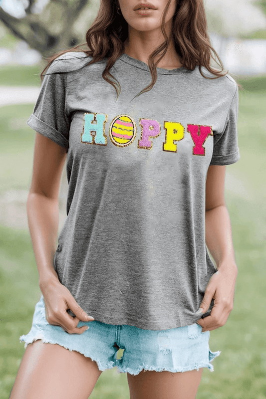 HOPPY Chenille Patch Round Neck Short Sleeve T-Shirt - Trendsi - Flyclothing LLC