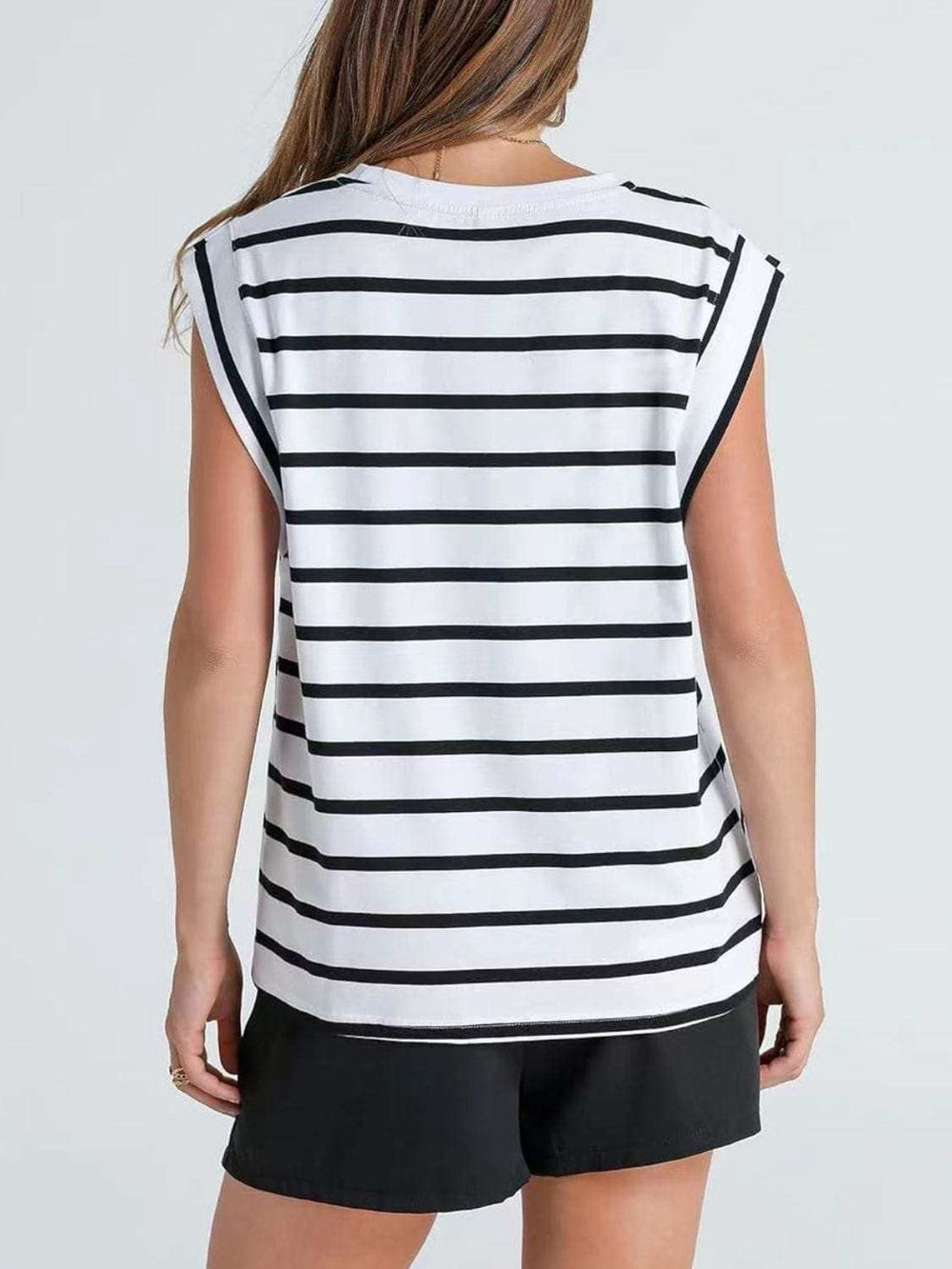 Florira Striped Round Neck Cap Sleeve T-Shirt - Trendsi - Flyclothing LLC