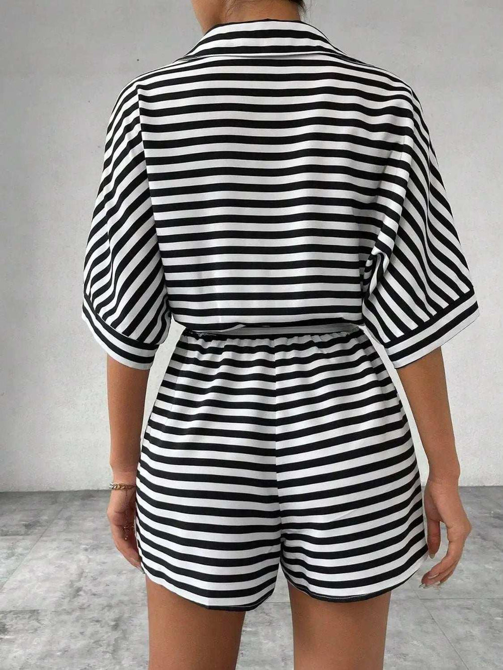 Tie Waist Half Button Striped Romper - Trendsi - Flyclothing LLC