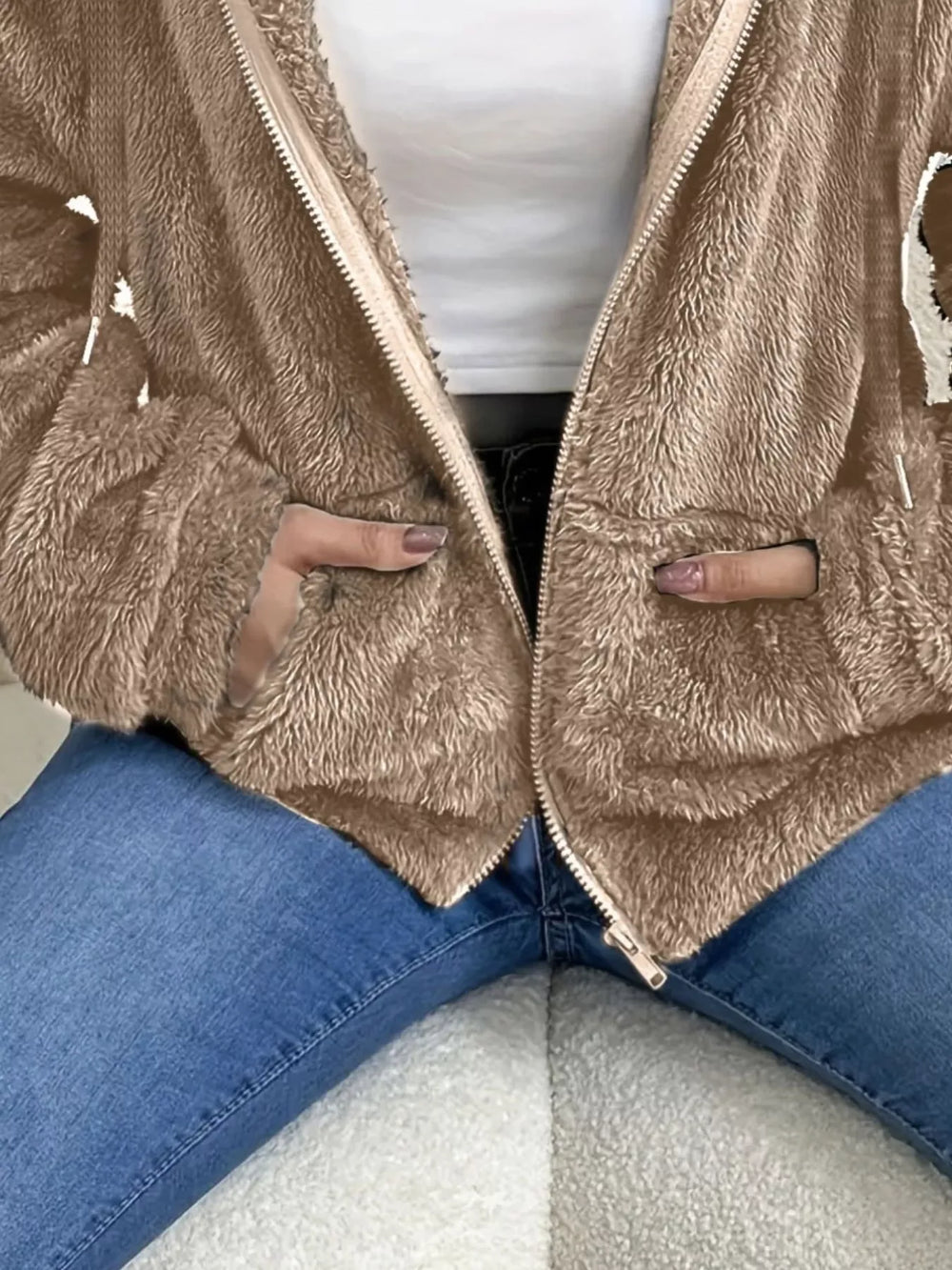 Drawstring Fleece Zip-Up Outerwear - Trendsi - Flyclothing LLC