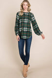 BOMBOM Curved Hem Plaid Round Neck Long Sleeve Top - Trendsi - Flyclothing LLC