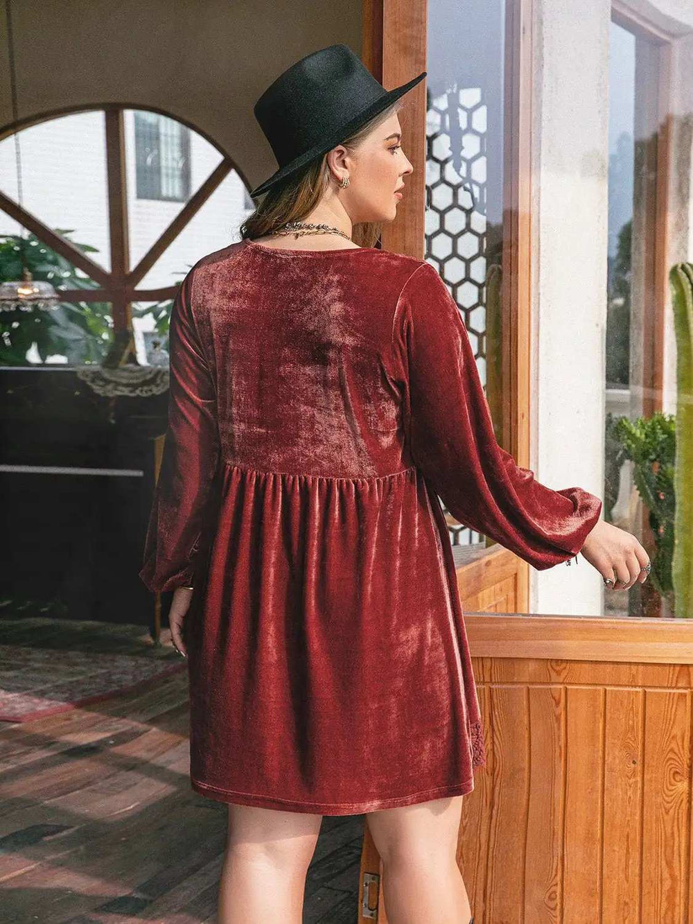 Plus Size Lace Detail V-Neck Long Sleeve Mini Dress - Trendsi - Flyclothing LLC