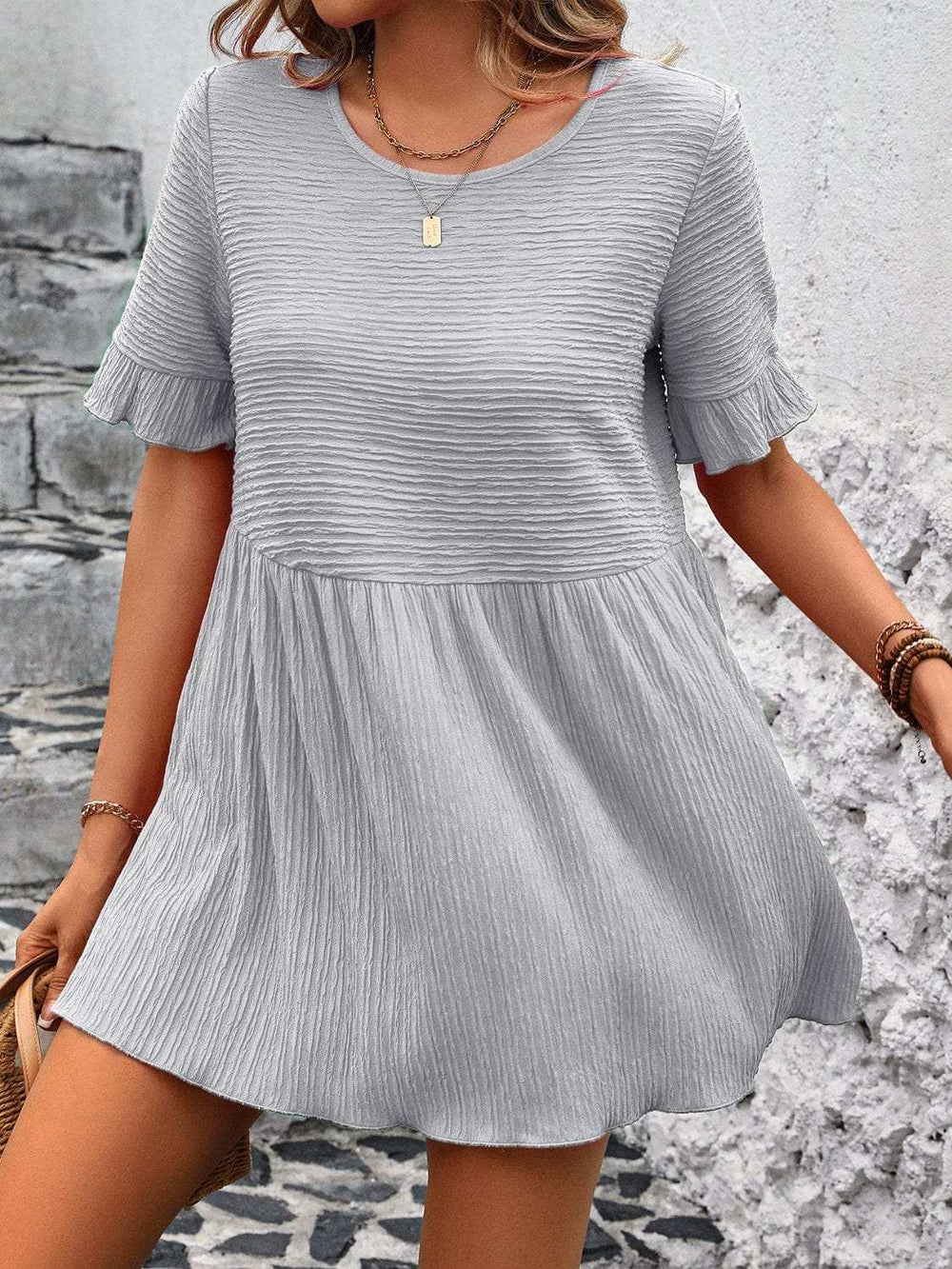 Round Neck Short Sleeve Blouse - Trendsi - Flyclothing LLC