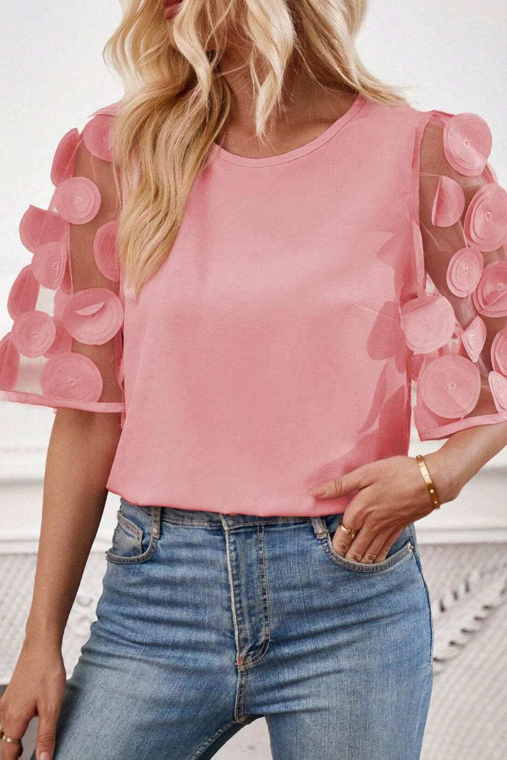 Applique Round Neck Half Sleeve Blouse - Trendsi - Flyclothing LLC