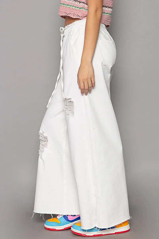 POL Distressed Drawstring Slit Wide leg Pants - Trendsi - Flyclothing LLC