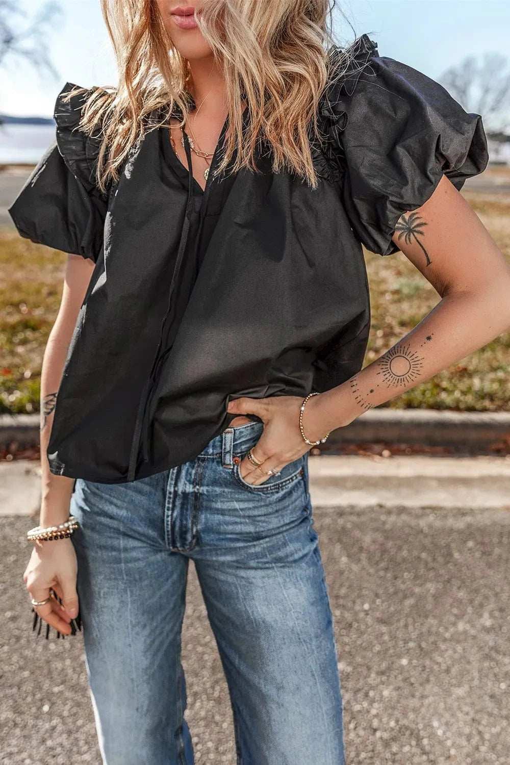 Ruffled Puff Short Sleeve Loose Blouse - Trendsi - Flyclothing LLC