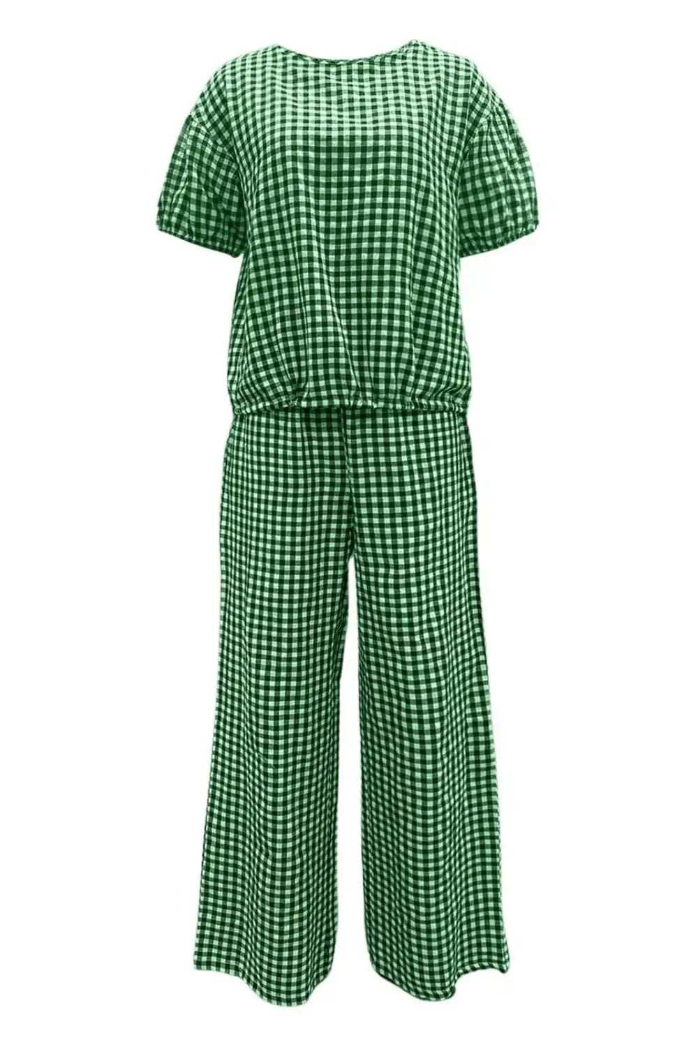Full Size Plaid Round Neck Half Sleeve Top and Pants Set - Trendsi - Flyclothing LLC