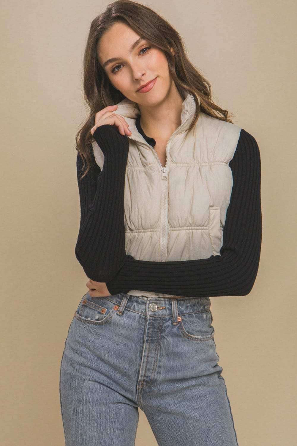 Love Tree Zip Up Turtleneck Cropped Vest Coat - Trendsi - Flyclothing LLC