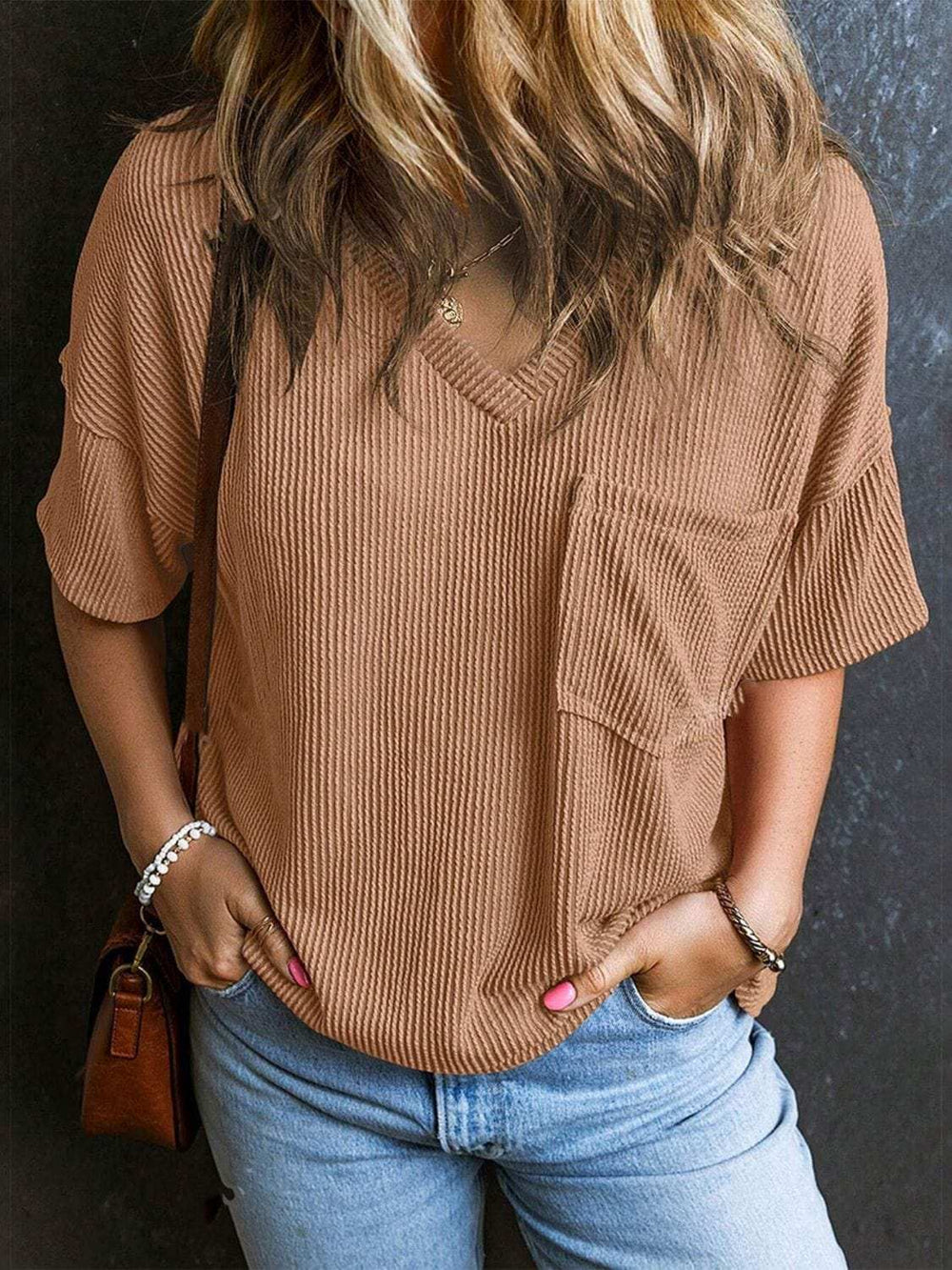 Textured V-Neck Half Sleeve T-Shirt - Trendsi - Flyclothing LLC