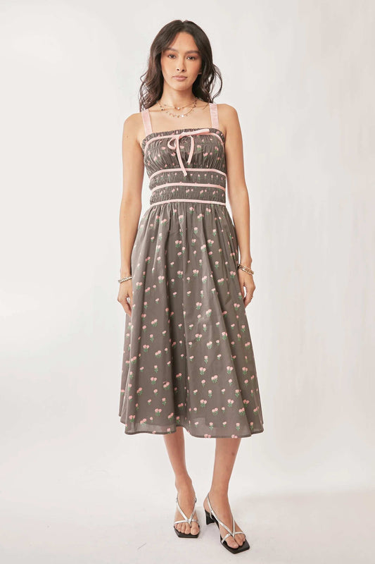 Davi & Dani Contrast Velvet Tape Smocking Bodice Midi Dress - Trendsi - Flyclothing LLC