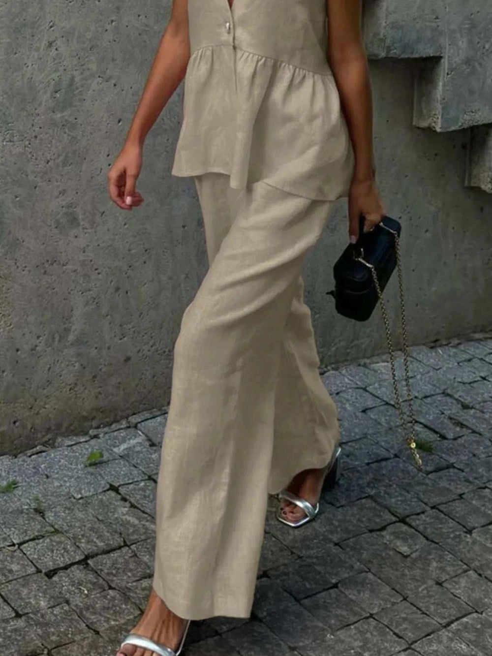 V-Neck Vest and Pants Set - Trendsi - Flyclothing LLC