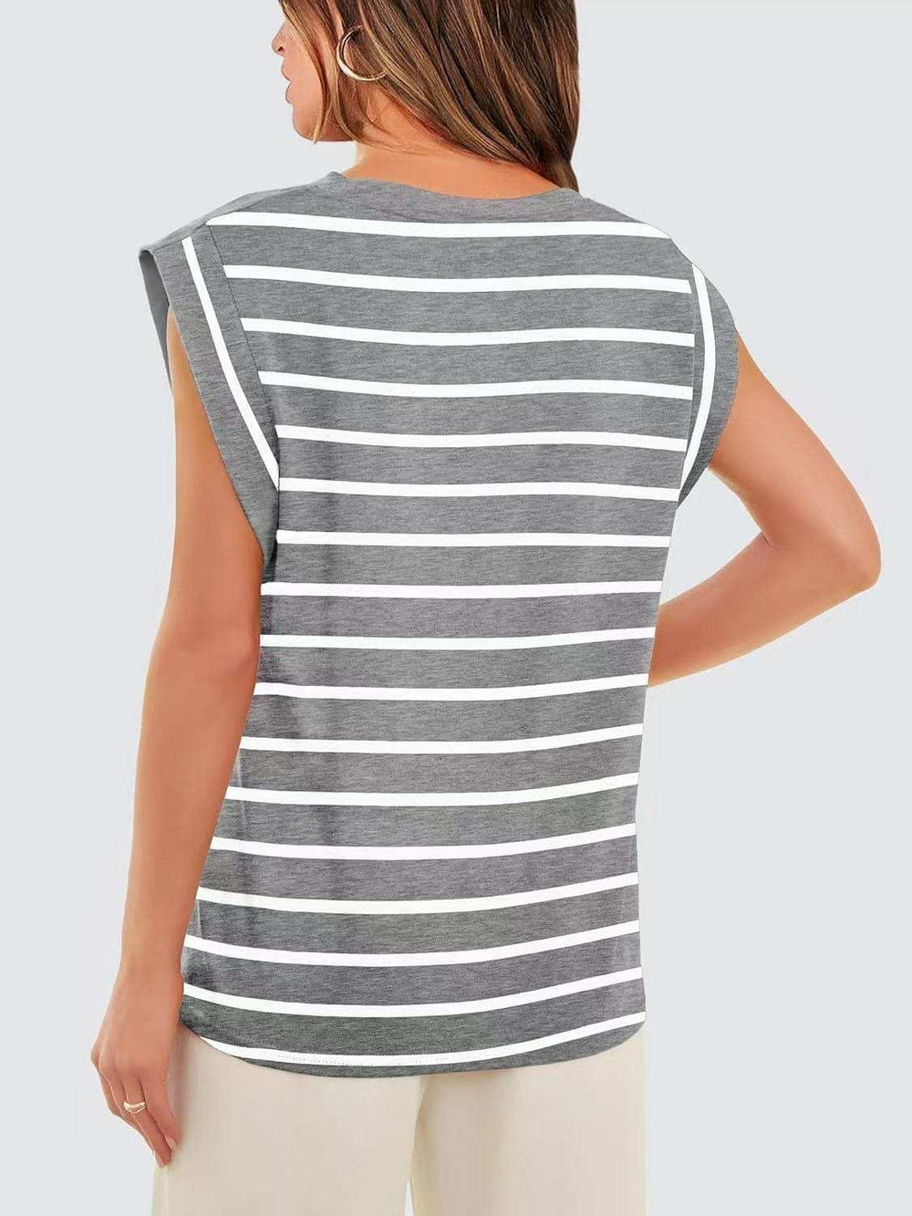 Striped Round Neck Cap Sleeve T-Shirt - Trendsi - Flyclothing LLC