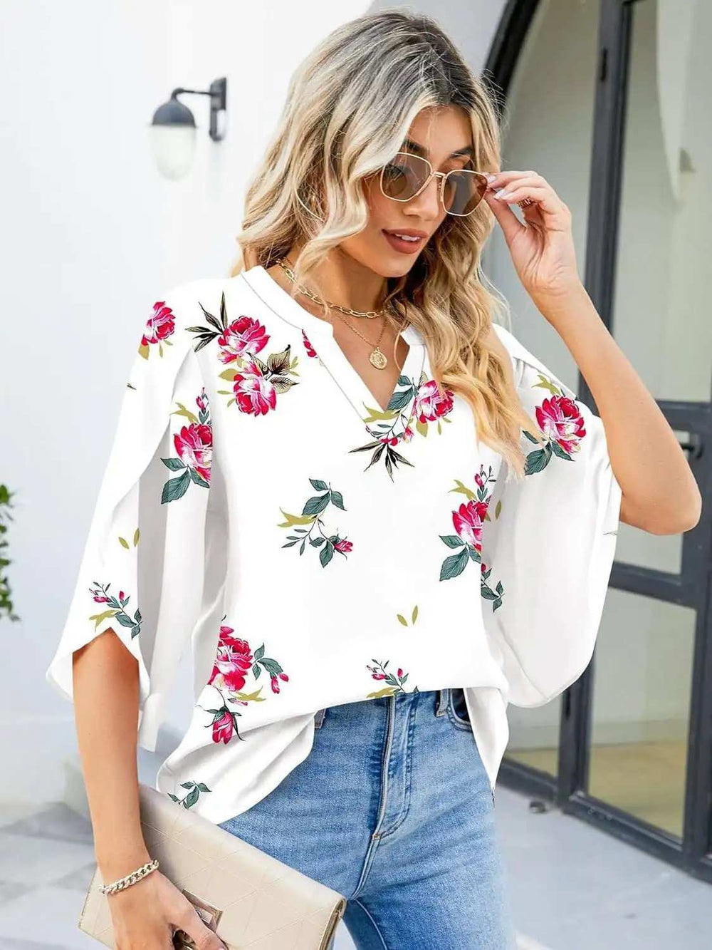 Printed Notched Half Sleeve Blouse - Trendsi - Flyclothing LLC