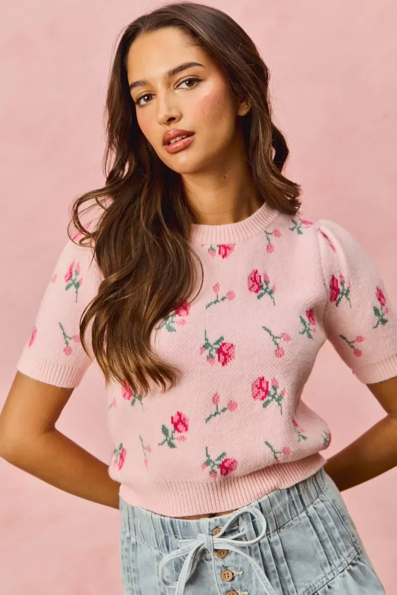 SO ME Floral Pattern Knit Puff Sleeves Sweater Top - Trendsi - Flyclothing LLC