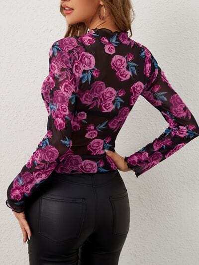 Floral Mock Neck Long Sleeve Top - Trendsi - Flyclothing LLC