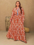 Plus Size Printed Notched Long Sleeve Maxi Dress - Trendsi - Flyclothing LLC