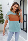 Color Block Round Neck Short Sleeve T-Shirt - Trendsi - Flyclothing LLC