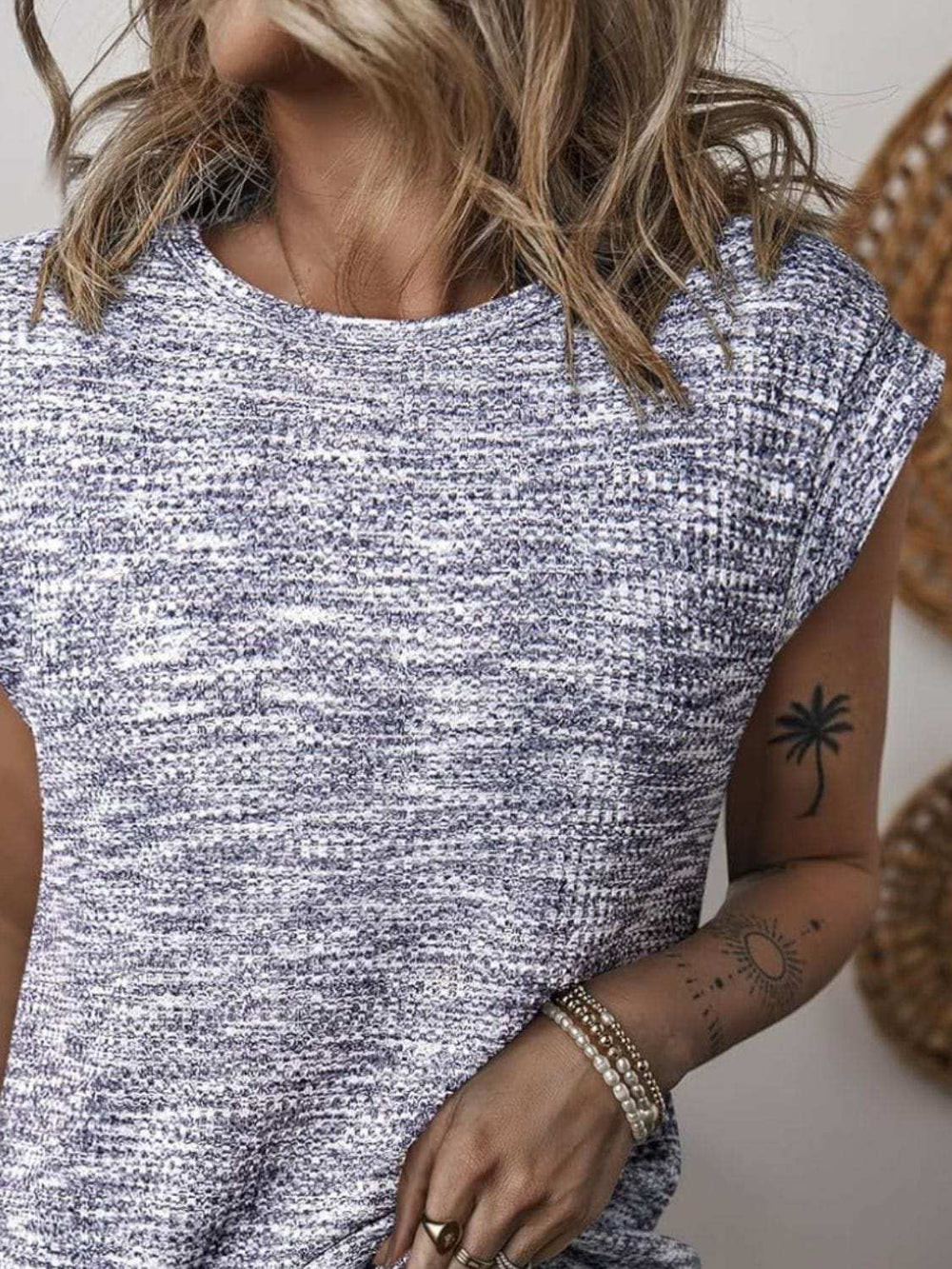 Heathered Round Neck Cap Sleeve T-Shirt - Trendsi - Flyclothing LLC