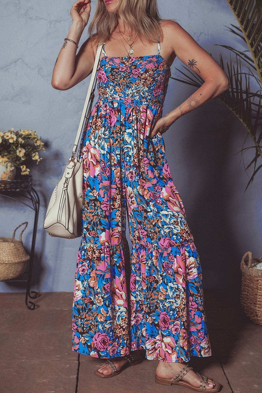 Floral Smocked Spaghetti Straps Wide Leg Jumpsuit - Trendsi - Flyclothing LLC