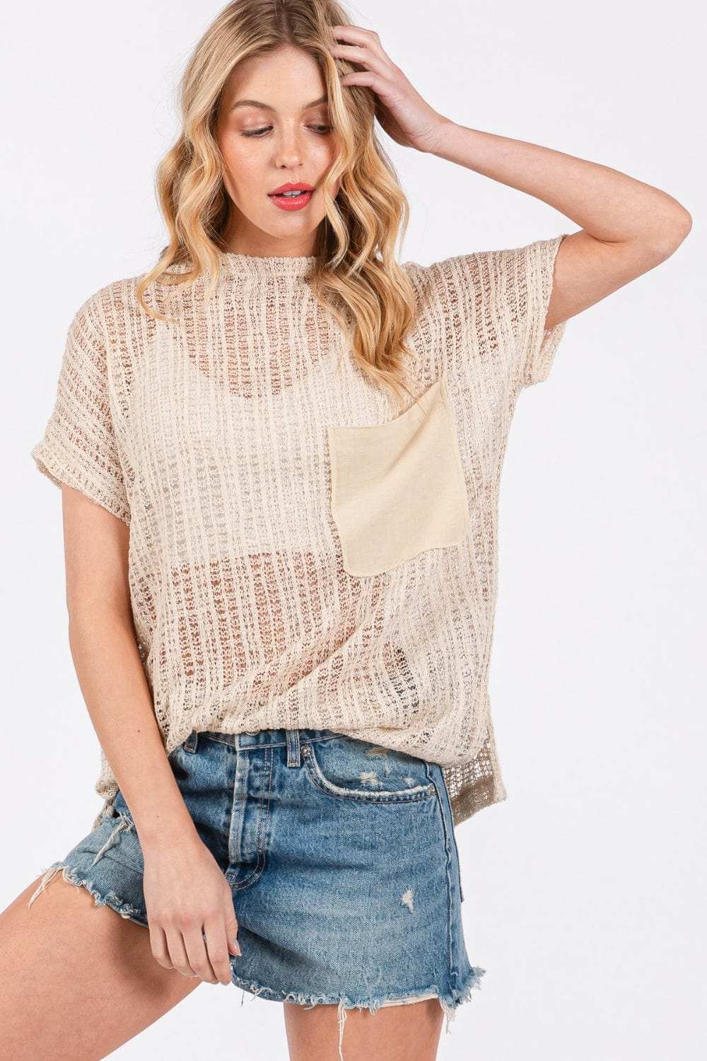 Ces Femme See Through Crochet Mock Neck Cover Up - Trendsi - Flyclothing LLC