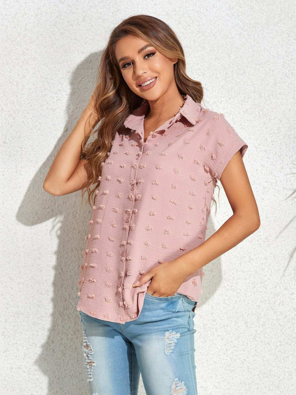 Swiss Dot Button Up Cap Sleeve Shirt - Trendsi - Flyclothing LLC
