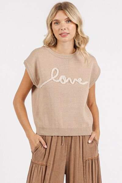 Mittoshop Contrast Letter Round Neck Cap Sleeve Knit Top - Trendsi - Flyclothing LLC