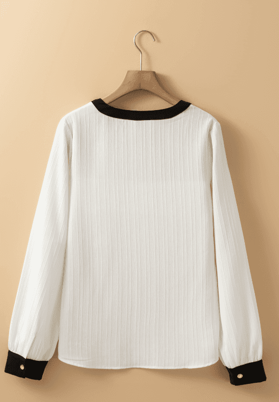 Contrast Notched Long Sleeve Blouse - Trendsi - Flyclothing LLC