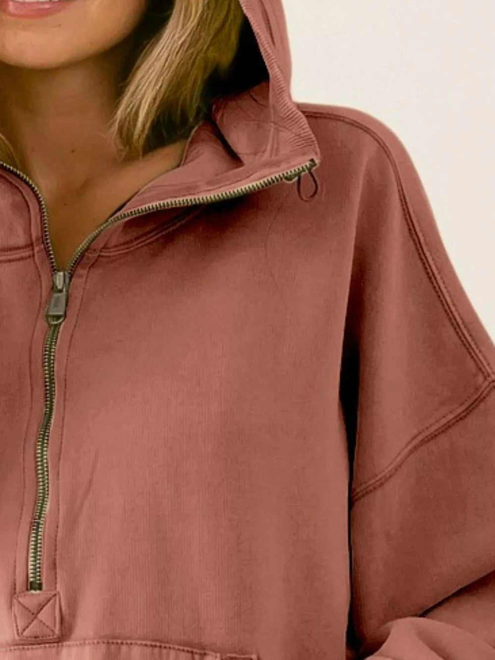 BiBi Stitch Detailed Elastic Hem Half Zip Fleece Hoodie - Trendsi - Flyclothing LLC