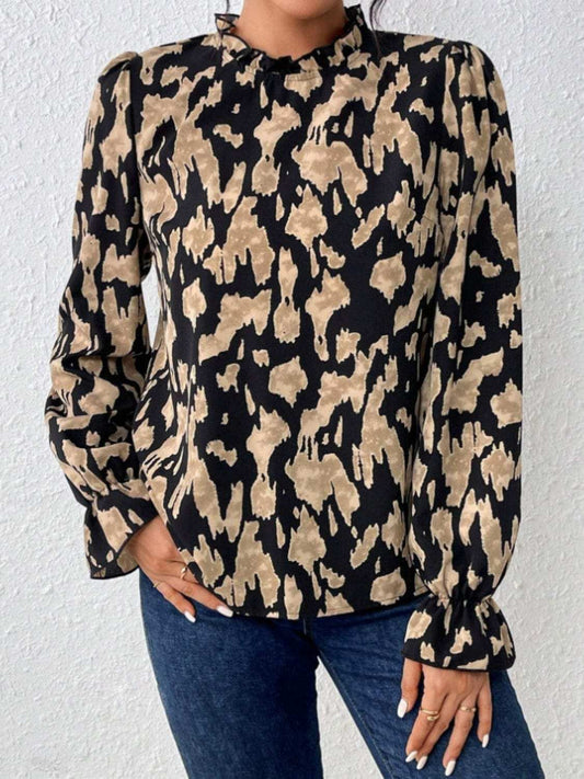 Frill Leopard Mock Neck Flounce Sleeve Blouse - Trendsi - Flyclothing LLC
