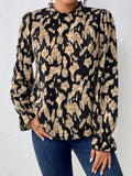 Frill Leopard Mock Neck Flounce Sleeve Blouse - Trendsi - Flyclothing LLC