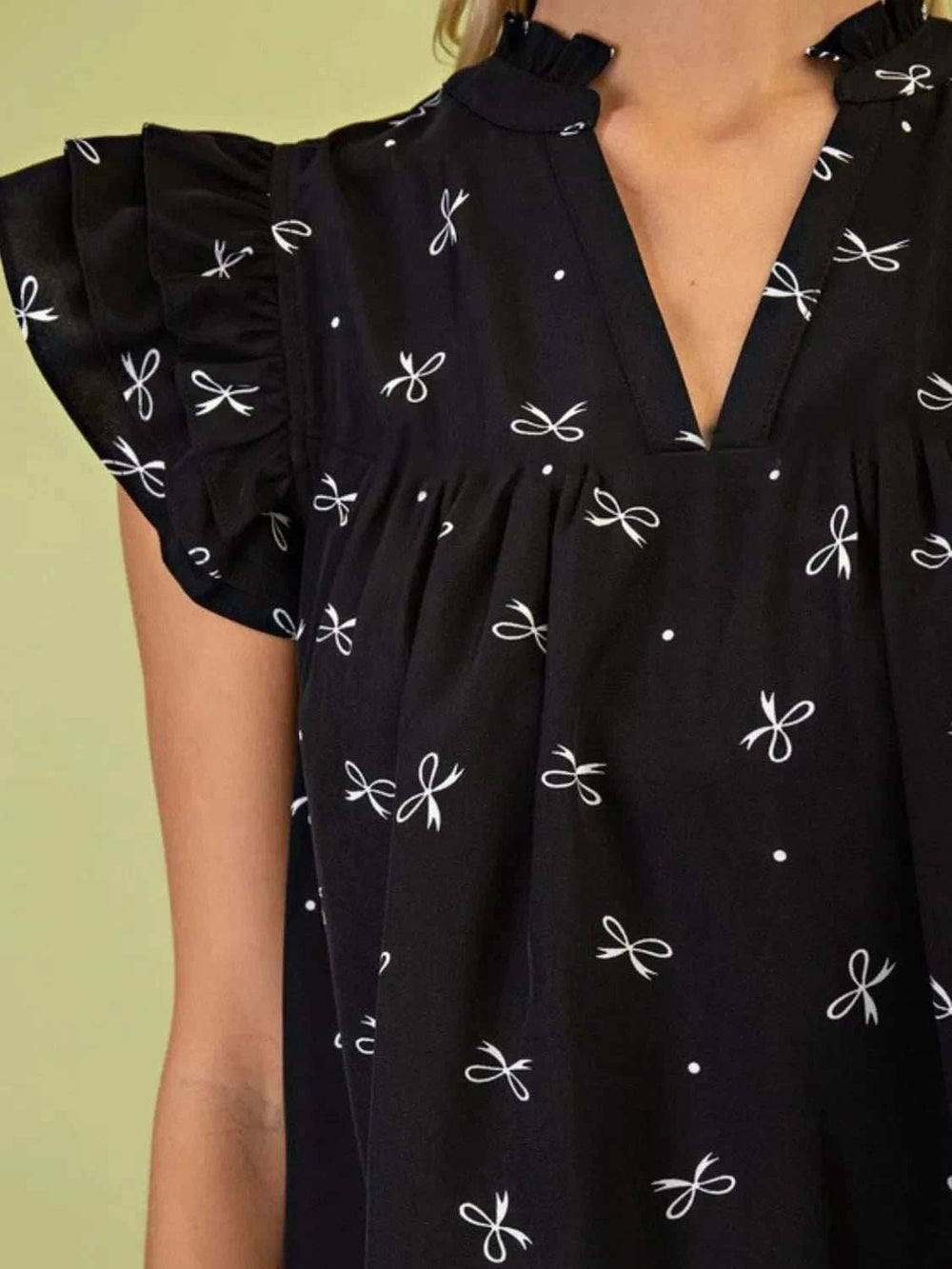 Notched Ruffled Cap Sleeve Blouse - Trendsi - Flyclothing LLC