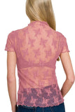 Zenana Lace See-through Layering Short Sleeve Top - Trendsi - Flyclothing LLC