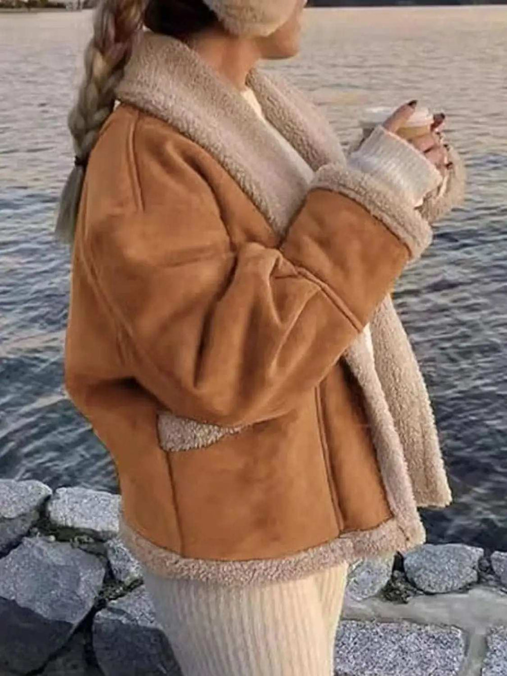 Fuzzy Collared Neck Long Sleeve Jacket - Trendsi - Flyclothing LLC