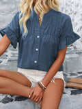 Button Down Ruffled Short Sleeve Shirt - Trendsi - Flyclothing LLC