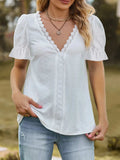 Lace Trim V-Neck Puff Sleeve Blouse - Trendsi - Flyclothing LLC