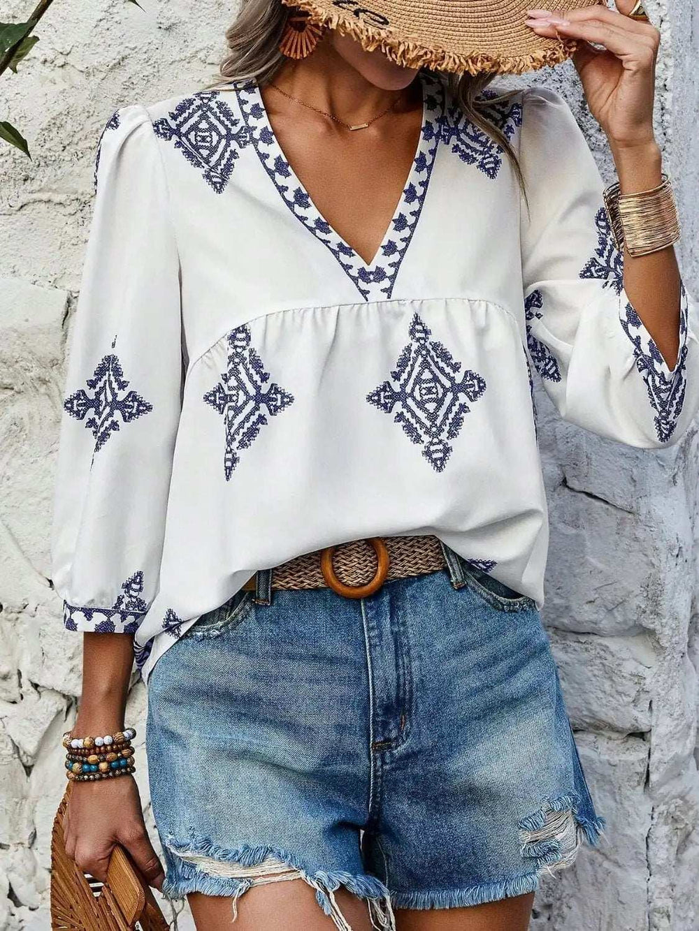 Printed V-Neck Three-Quarter Sleeve Blouse - Trendsi - Flyclothing LLC