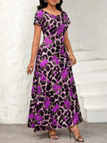 Printed Round Neck Short Sleeve Maxi Tee Dress - Trendsi - Flyclothing LLC