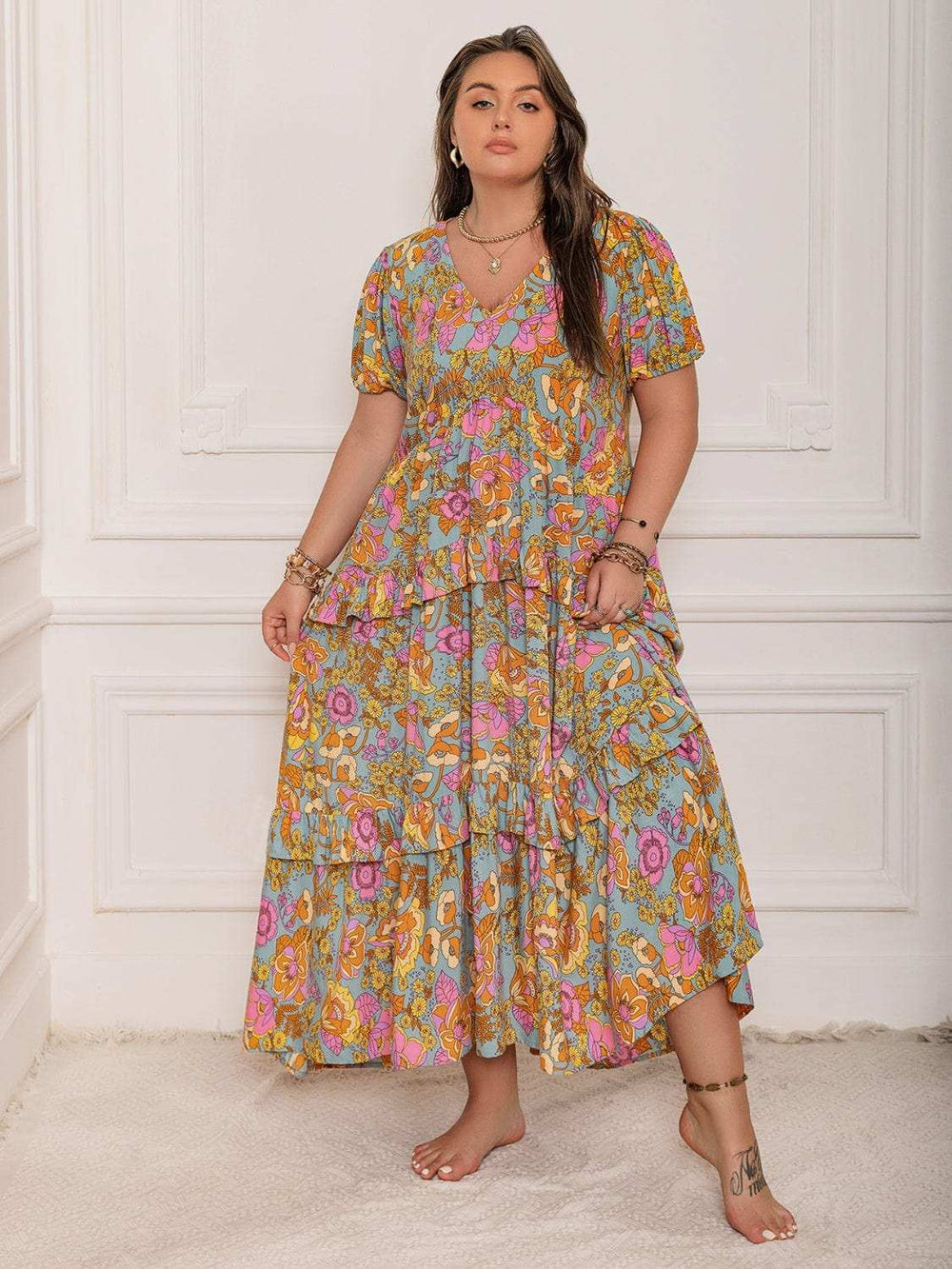Plus Size Printed V-Neck Short Sleeve Maxi Dress - Trendsi - Flyclothing LLC